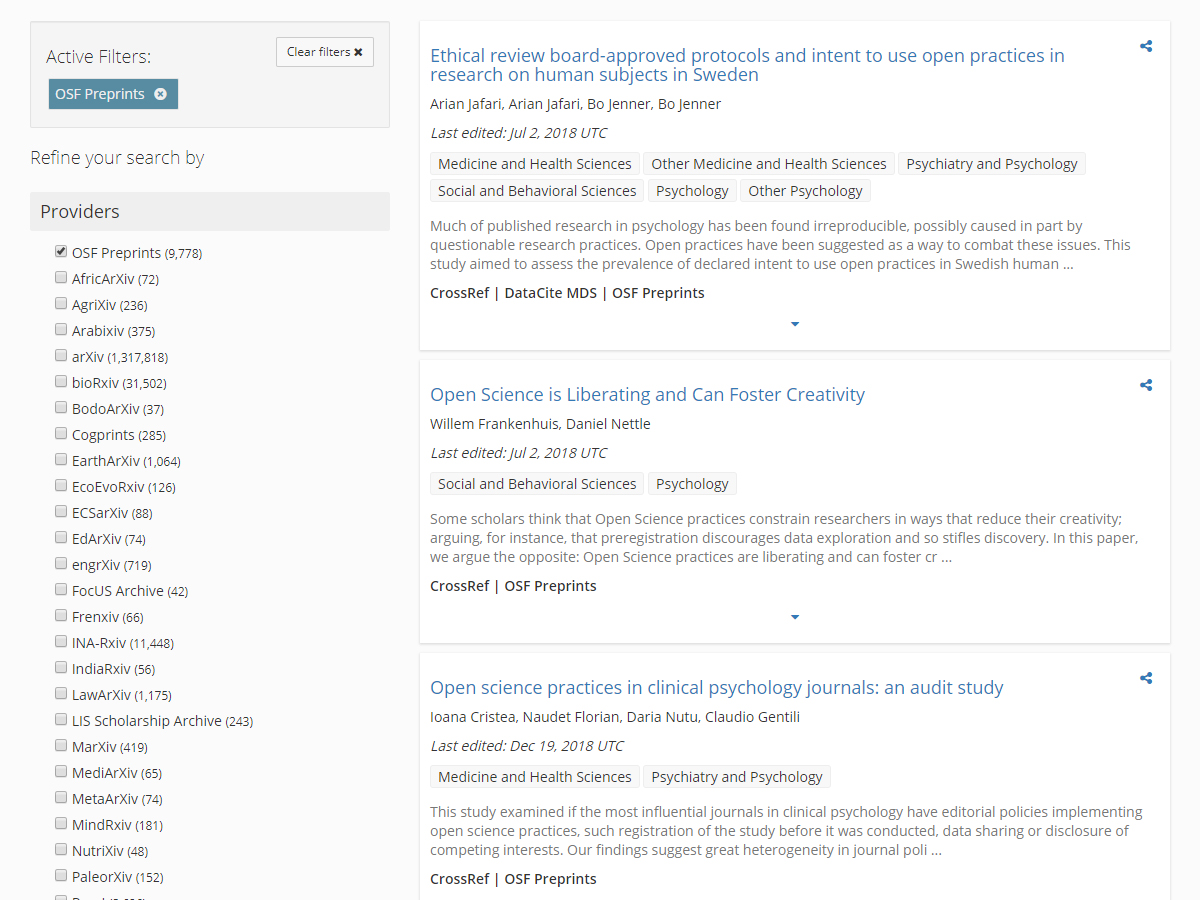 OSF preprint search screenshot